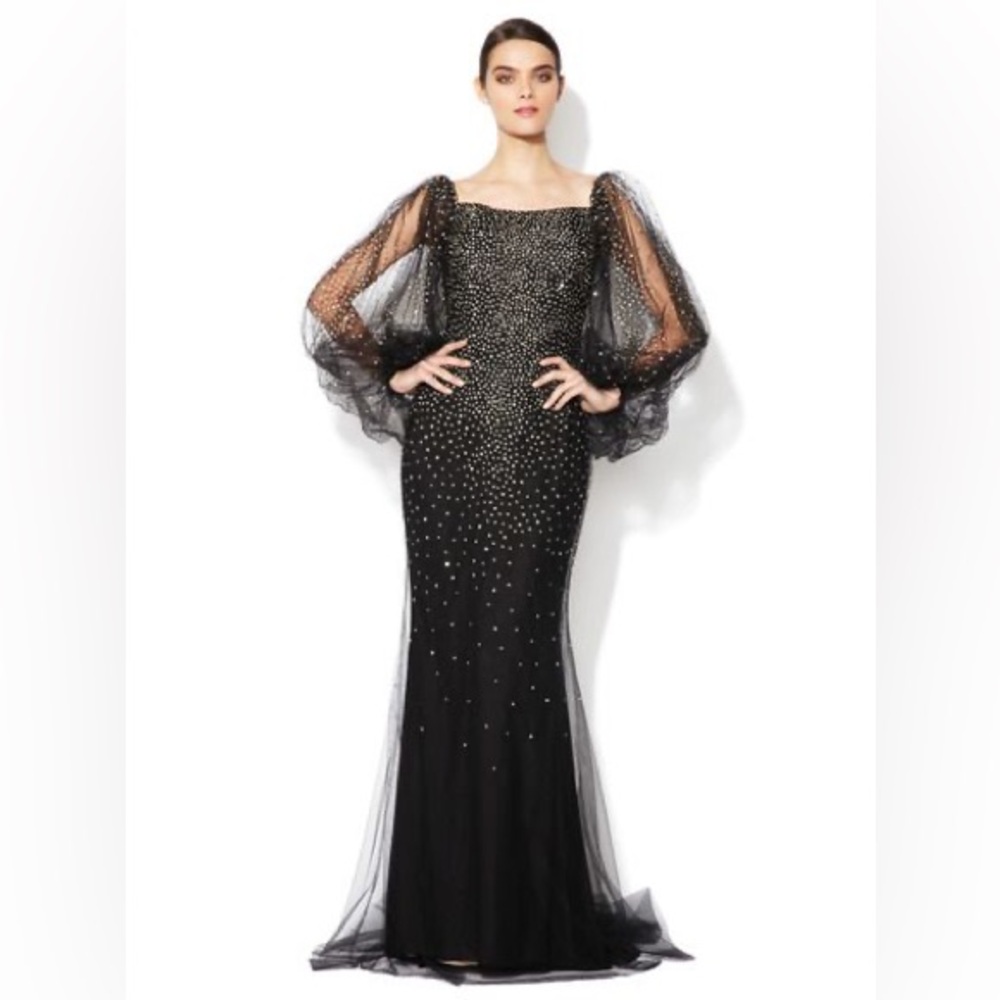 $4995 Marchesa 10 Couture Gown Dress Tulle Sheer Black Gold Sequin Long Sleeve M